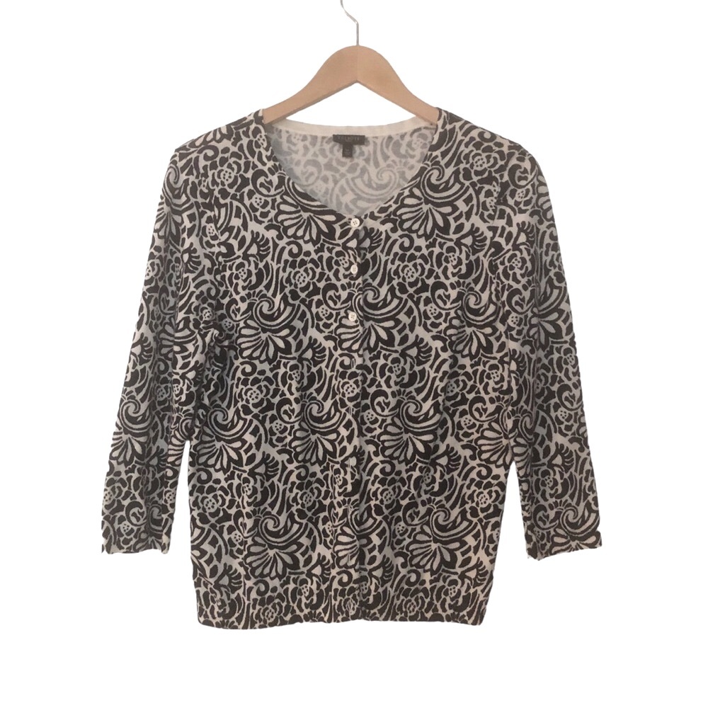 Talbots cardigan black and ecru abstract floral round neck three quarter sleeve
